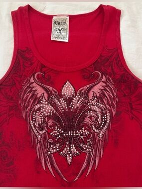 Vocal Bright Red Ribbed Tank with wing Rhinestone Detail